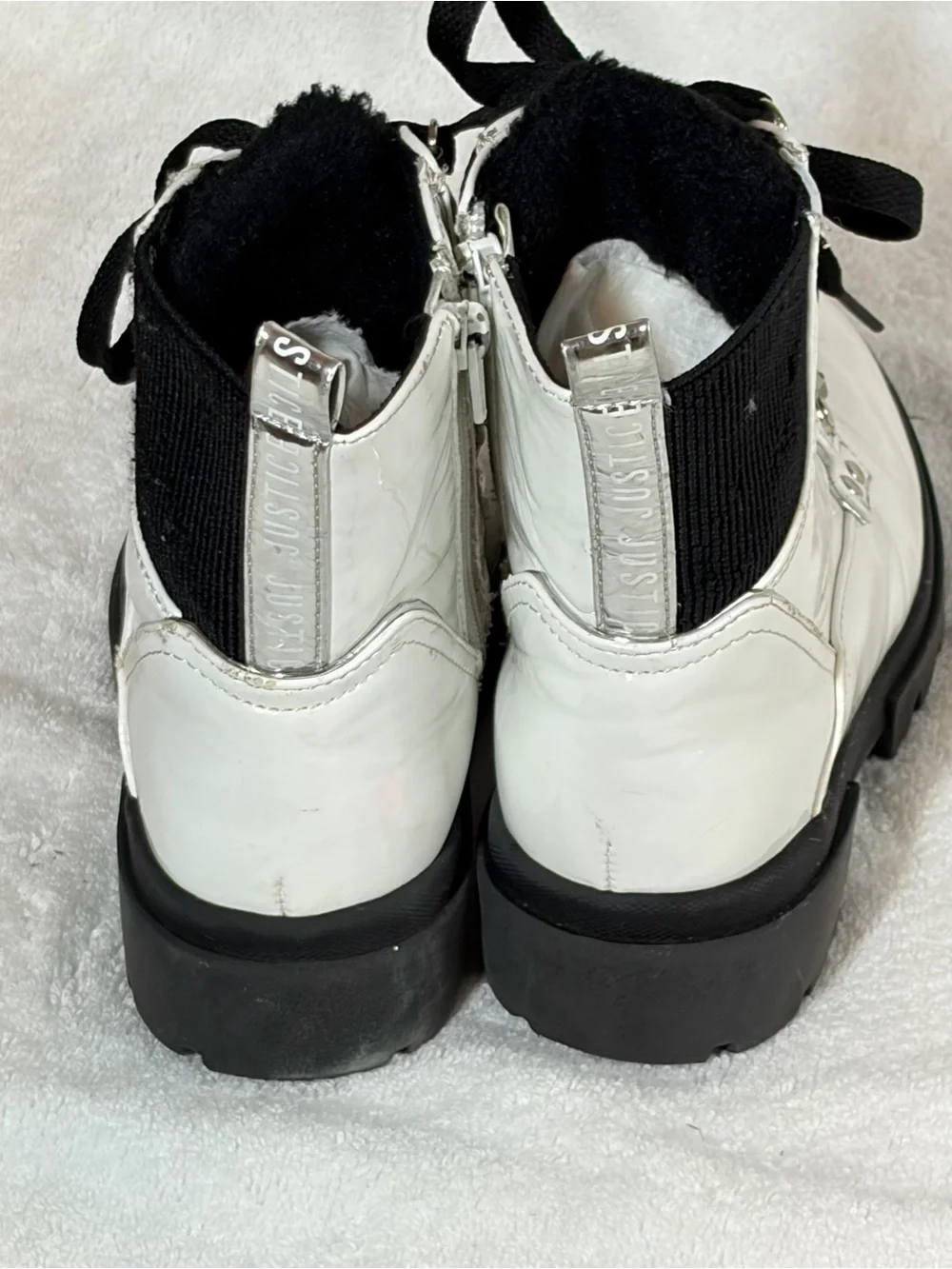 Justice White Patent Lace-Up Combat Boots with Black Laces